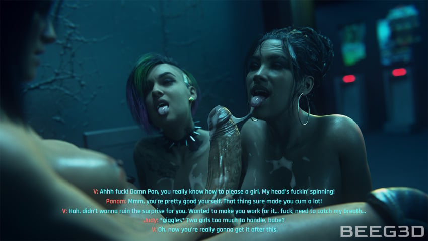 1futa 2girls 3d afro-native beeg3d breasts brown_hair brown_skin cd_projekt_red choker cum cum_in_mouth cum_on_breasts cumshot cyberpunk_2077 dark-skinned_female dialogue earings english_text female female_focus fit_female futa_on_female futanari green_hair huge_cock judy_alvarez light-skinned_female nude nude_female panam_palmer penis purple_hair self_upload sex tattoo tattoos text threesome tongue tongue_out v_(cyberpunk_2077) valerie_(cyberpunk_2077)