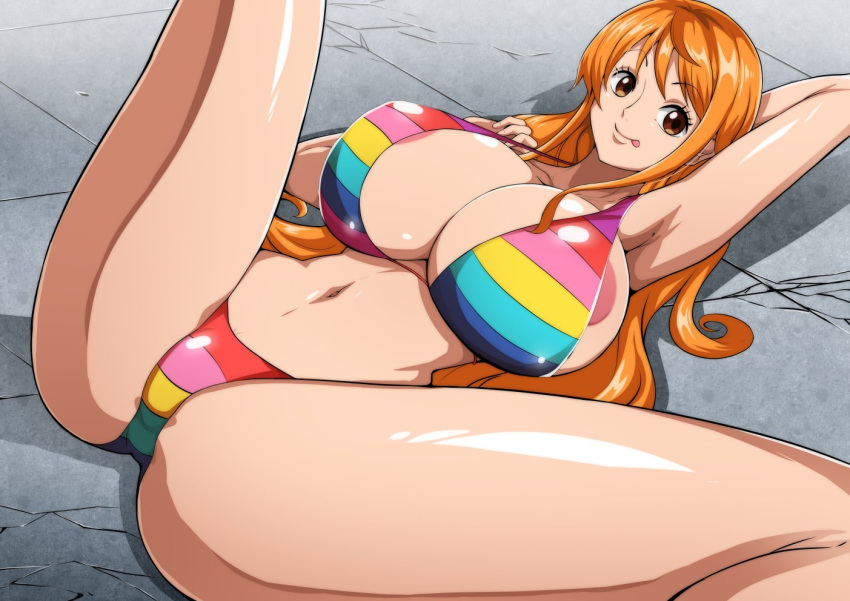 1girls areola_slip areolae big_breasts bikini breasts brown_eyes cleavage curvy female female_only huge_breasts legs_up long_hair nami nipple_bulge on_back one_piece one_piece_film_z orange_hair post-timeskip qdoujin rainbow_bikini solo spread_legs straight_hair teasing thick thick_thighs toned tongue_out tummy voluptuous