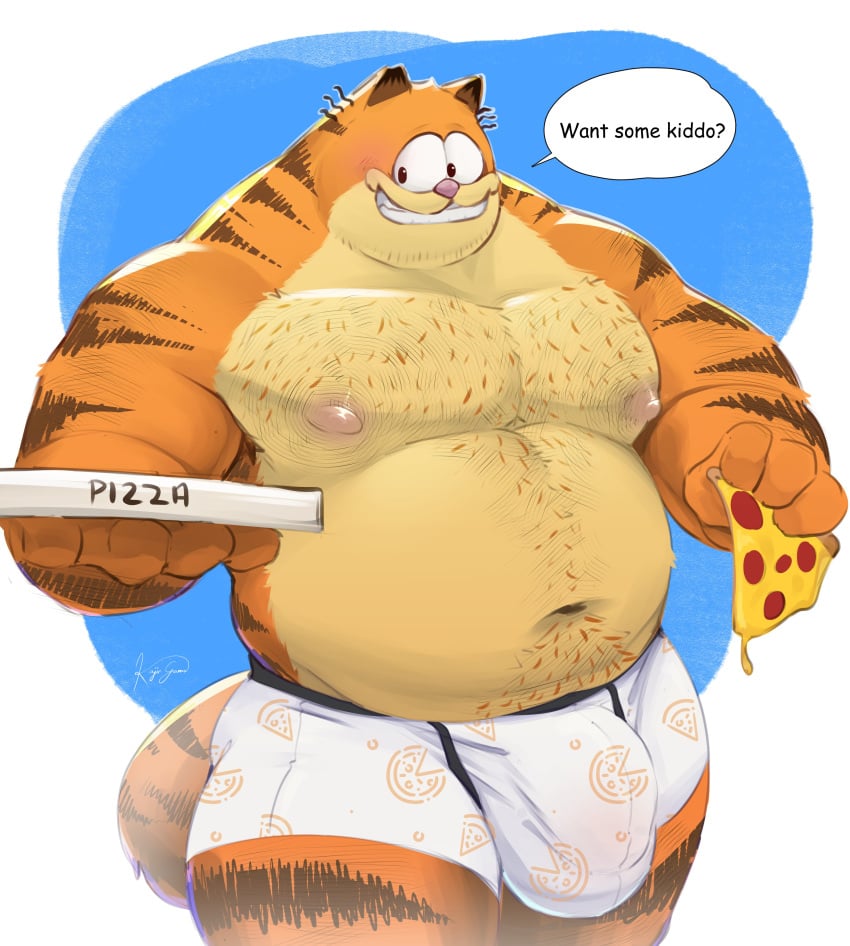 2023 absurd_res anthro barazoku big_bulge body_hair boxer_briefs boxer_briefs_only bulge chest_hair clothed clothing columbia_pictures detailed_bulge domestic_cat duo english_text felid feline felis food garfield_(series) hairy hi_res kajin-sama male male/male mammal mature_male musclegut nipples overweight overweight_male pattern_clothing pattern_underwear paws,_inc. pecs pizza pizza_box text the_garfield_movie_(2024) topless underwear underwear_only vic_(garfield)