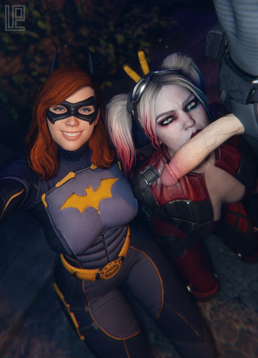 1male 2girls 3d angry batgirl batgirl_(gotham_knights) batman batman_(series) dc dc_comics defeated_villainess domination_loss gotham_knights harley_quinn harley_quinn_(injustice) injustice_2 lazper looking_at_viewer penis_kiss selfie smile_at_viewer