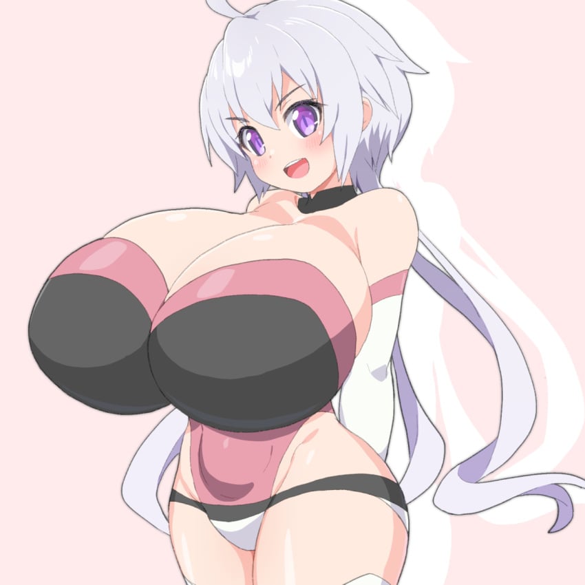 artist_name artist_request big_breasts black_swimsuit blushing_at_viewer breasts gigantic_breasts horny huge_breasts large_breasts looking_at_viewer milf senki_zesshou_symphogear smiling_at_viewer violet_eyes white_hair yukine_chris