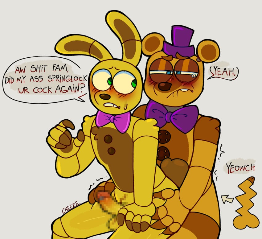 2boys artist_signature bear bowtie bunny censored digital_media_(artwork) five_nights_at_freddy's fnaf fredbear_(fnaf) funny gay highres joke killme male_only ow picklezz posted_by_artist silly simple_background sitting_on_lap spring_bonnie spring_bonnie_(fnaf) tagme talking_to_another text top_hat