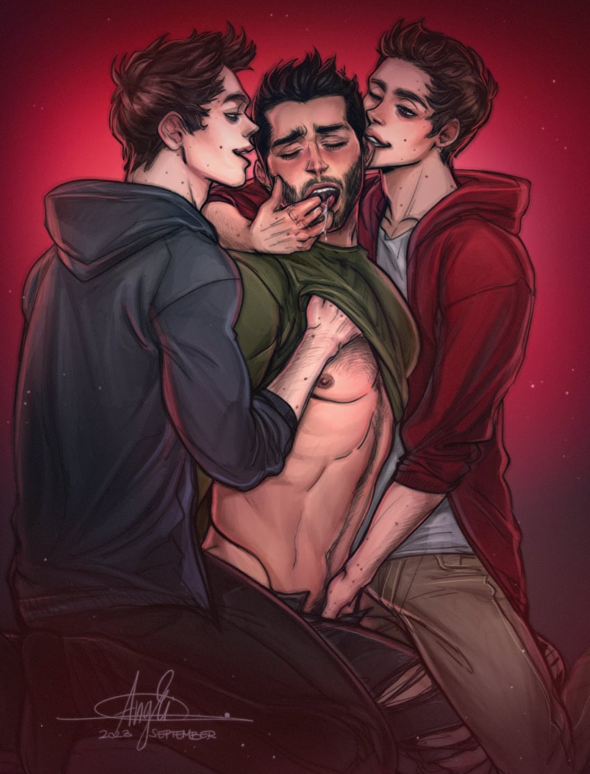 2023 3boys angkis-ayy artist_signature bara barazoku beard blush body_hair clothing derek_hale facial_hair gay hairy_chest human male male/male male_nipples male_only male_pubic_hair manly muscular_male mustache no_visible_genitalia stiles_stilinski teen_wolf yaoi