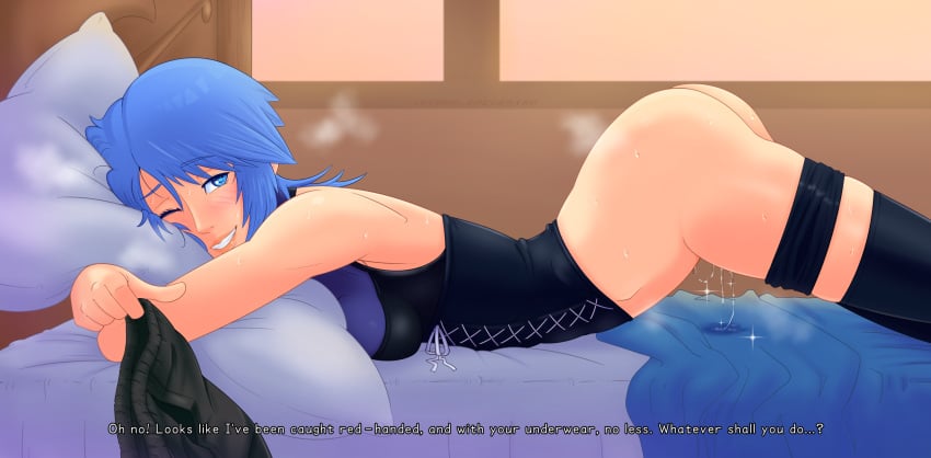 1girls almost_naked almost_nude aqua_(kingdom_hearts) arched_back ass ass_up athletic_female bed_sheet blue_eyes blue_hair blush disney female highres implied_masturbation indoors kingdom_hearts laying_on_bed looking_at_viewer messy_hair on_bed pale_skin partially_clothed pillow pillow_grab pillow_hug pov pulled_down_pants pussy_juice pussy_juice_drip pussy_juice_trail self_upload smile smiling_at_viewer solo_female square_enix stradivarius sweat uncensored