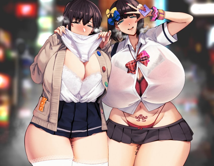 2girls body_writing breasts cleavage clothing condom duo female female_only gigantic_breasts haruka_amami huge_breasts human idolmaster kumako_(kumakonoh) outside skimpy standing steam thick_thighs voluptuous wide_hips yukiho_hagiwara