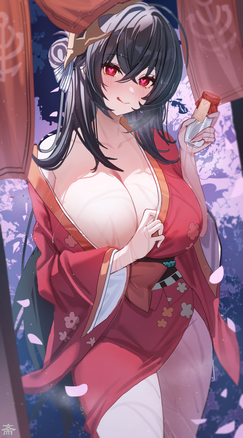 1girls :q absurdres alternate_costume azur_lane black_hair blush breasts cleavage closed_mouth collarbone commentary crossed_bangs female female_only hair_ornament heart heart-shaped_pupils highres holding kimono large_breasts light-skinned_female light_skin long_hair looking_at_viewer red_eyes sakura_empire_(azur_lane) single_bare_shoulder smile solo symbol-shaped_pupils taihou_(azur_lane) tansuan_(ensj3875) thighs tongue tongue_out wet