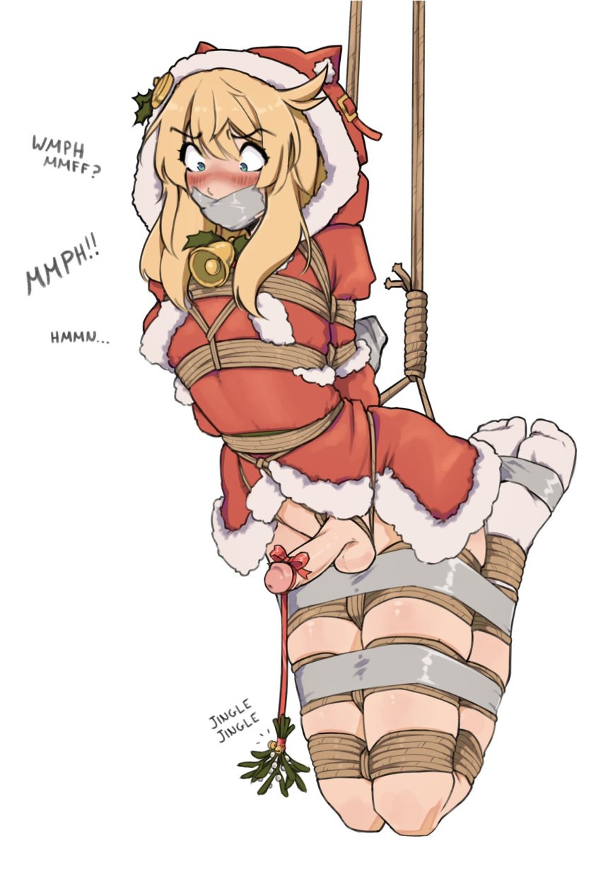 1boy androgyne_symbol androgynous balls blonde_hair blue_eyes blush bondage bound bridget bridget_(guilty_gear) christmas christmas_outfit crossdressing duct_tape dvcttape exposed_penis femboy feminine_male gag girly guilty_gear guilty_gear_strive male male_only mistletoe muffled otoko_no_ko penis ribbon_on_penis rope shibari socks solo suspension_bondage tape_gag taped_hands teenager testicles