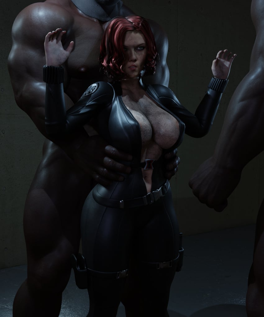 3d black_man black_widow_(marvel) captured captured_heroine continuation dark-skinned_male dark_skin hands_up imminent_gangbang imminent_rape imminent_sex interracial large_breasts marvel marvel_comics natasha_romanoff red_hair soboro