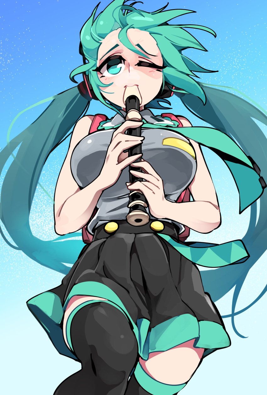 1girls absurd_res bongfillstudent female female_only flute green_eyes green_hair hatsune_miku kyoufuu_all_back_(vocaloid) light_green_eyes light_green_hair long_hair one_eye_closed playing_instrument solo twintails vocaloid