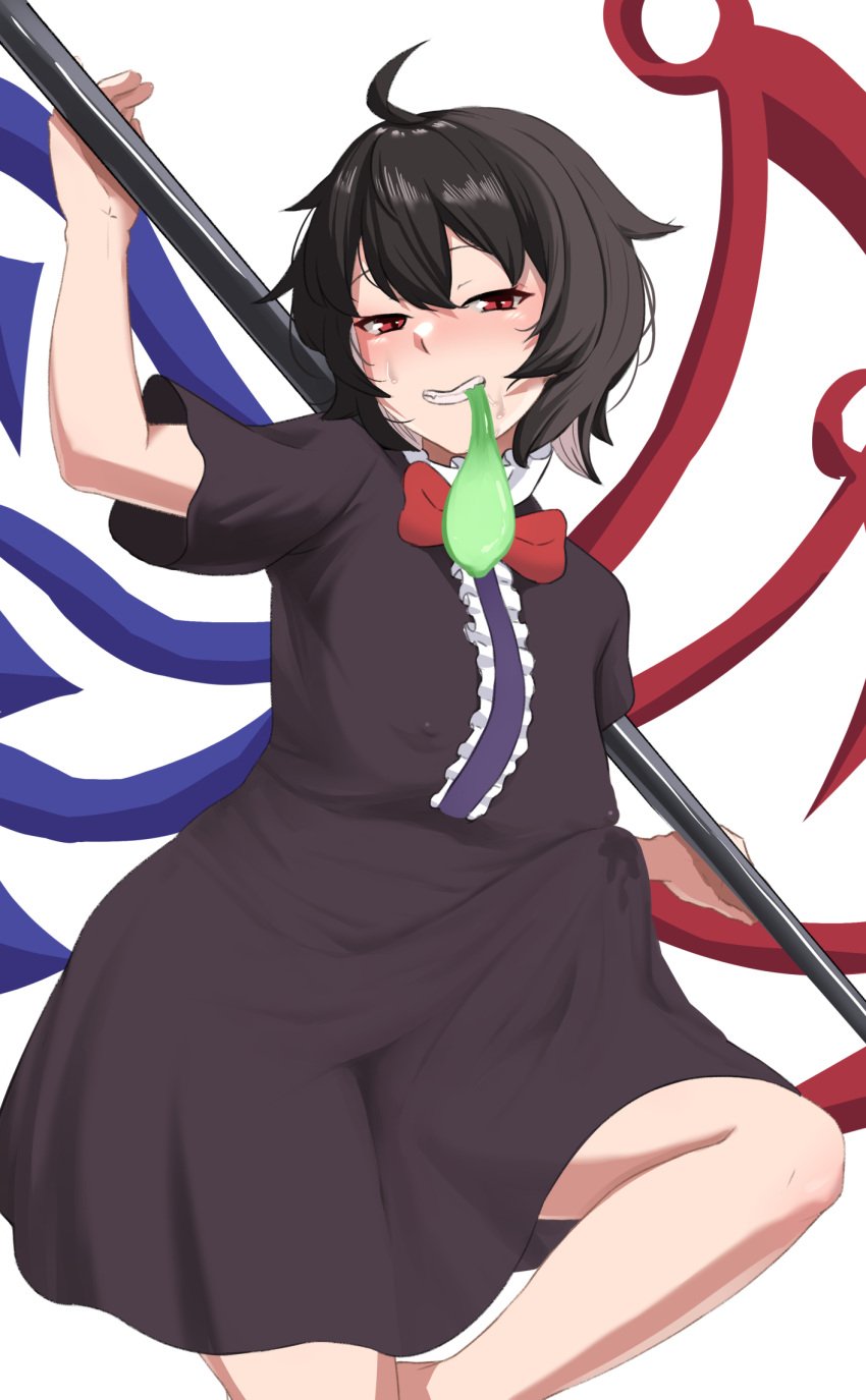 asymmetrical_wings black_dress black_hair blue_wings bow bowtie bulge bunsuirei condom condom_in_mouth dress erection erection_under_clothes futanari highres houjuu_nue huge_cock mouth_hold nue_houjuu penis polearm red_bow red_bowtie red_eyes red_wings short_hair solo touhou trident undefined_fantastic_object weapon wings