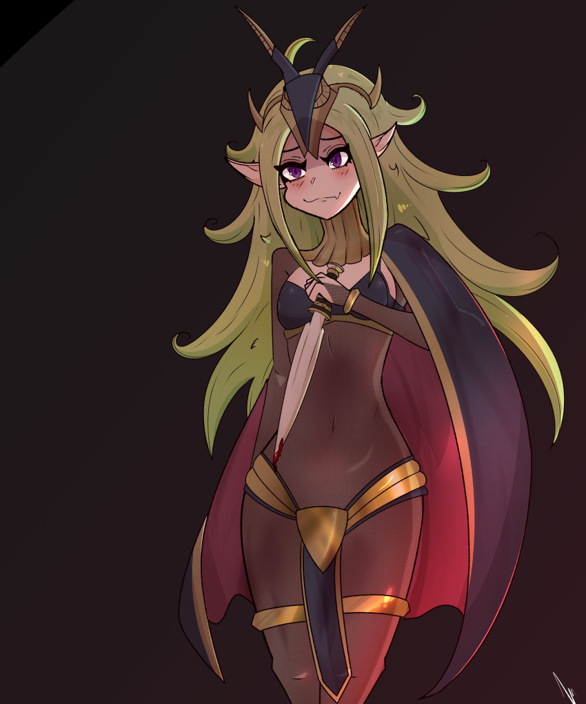 1girls alternate_costume bodystocking breasts cosplay dagger female female_only fire_emblem fire_emblem_awakening green_hair meinou nintendo nowi_(fire_emblem) pointy_ears purple_eyes small_breasts solo tharja_(fire_emblem)_(cosplay) weapon