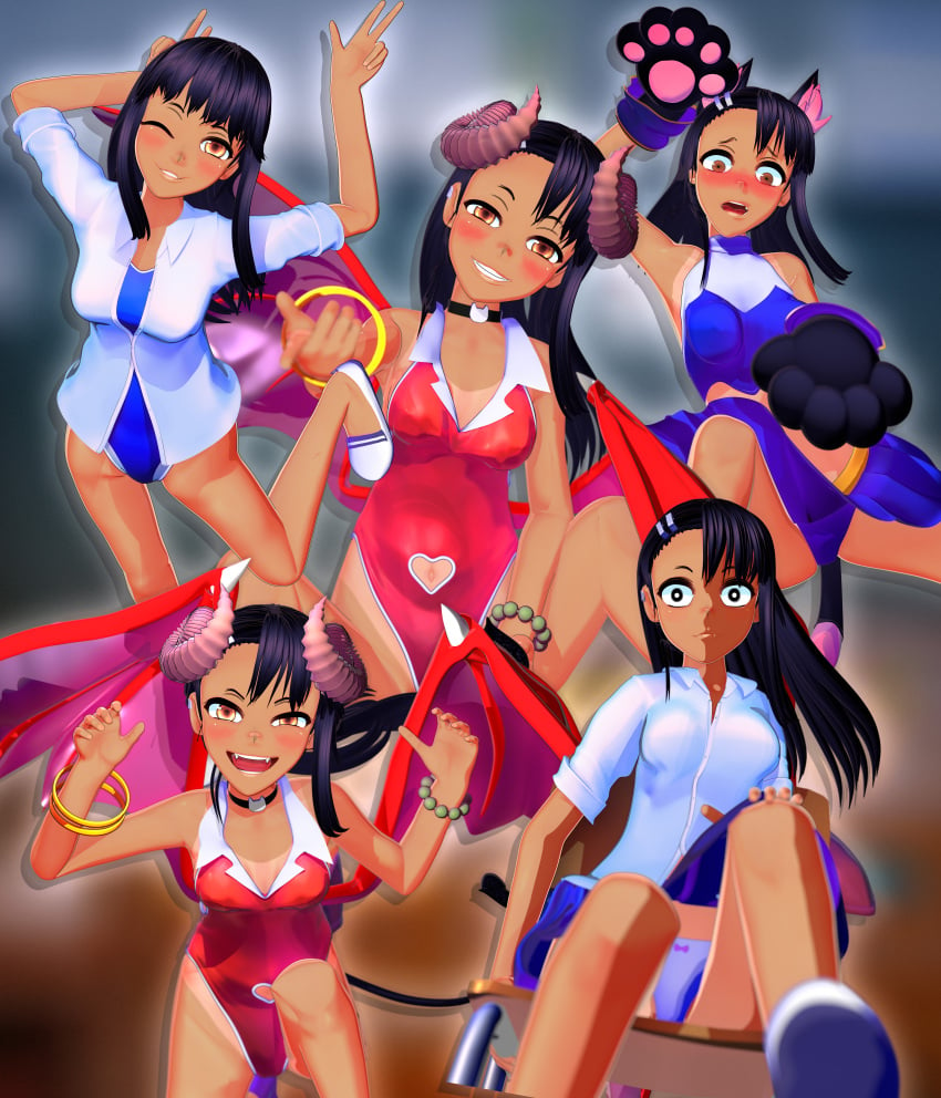 1girls 3d banchouforte black_hair blush breasts brown_eyes cat_ears cat_tail catgirl cleavage clothed clothing demon_girl demon_horns demon_tail earrings female female_focus female_only hayase_nagatoro hi_res highres long_hair looking_at_viewer navel please_don't_bully_me,_nagatoro pose pussy_juice revealing_clothes simple_background sitting skirt small_breasts smile solo spread_legs succubus swimsuit tan tan-skinned_female tan_body tan_skin tanline tanned tanned_female upskirt wink