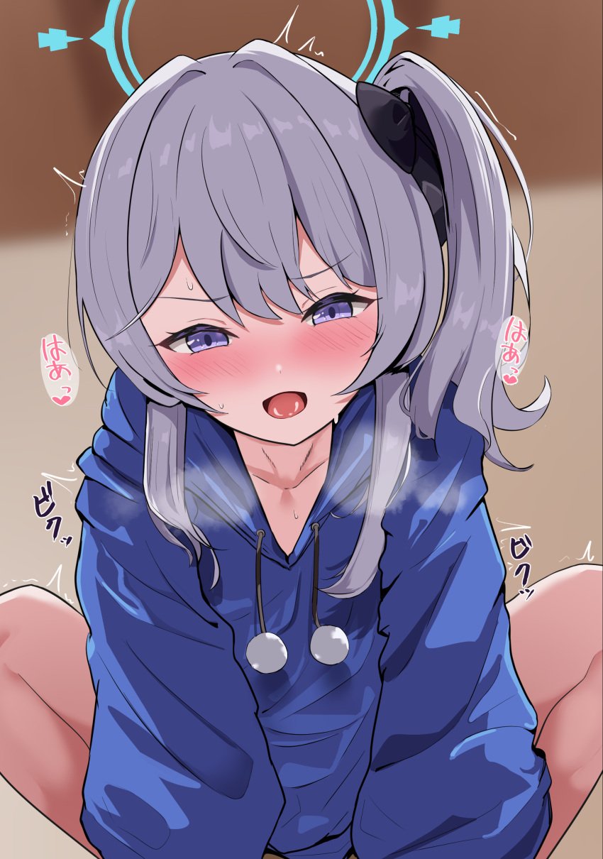 absurdres blue_archive blue_halo blue_hoodie blush braid commentary_request cute female grey_hair halo heart highres hood hoodie implied_sex long_hair miyako_(blue_archive) nayamy one_side_up open_mouth pom_pom_(clothes) puffy_short_sleeves puffy_sleeves purple_eyes rabbit_squad_(blue_archive) short_sleeves solo srt_special_academy_student young