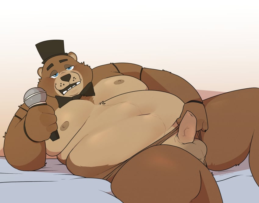 2023 absurd_res anthro balls bear belly big_belly black_nose blue_eyes bow_tie brown_body clothing electronics erection five_nights_at_freddy's five_nights_at_freddy's_(film) freddy_(fnaf) genitals hat headgear headwear hi_res kemono male male_only mammal microphone moobs navel nipples overweight overweight_male penis qqmelon888 scottgames solo