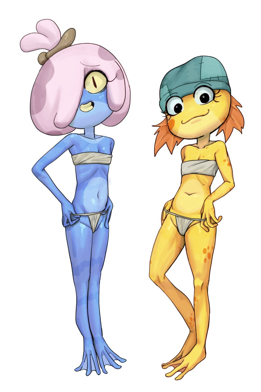 2girls amphibia amphibia_(series) amphibian anthro belly belly_button bra clothed clothing cub disney female female_focus female_only g3mfuck3r hair hat nude panties small_breasts thong underwear