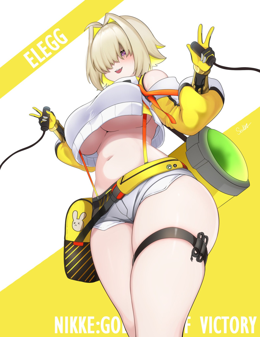 big_breasts blonde_hair blush booty_shorts breasts elegg_(nikke) female female_only gloves goddess_of_victory:_nikke hair_over_one_eye midriff navel oerba_yun_fang pale-skinned_female pale_skin purple_eyes suspenders thick_thighs thigh_strap two_tone_hair under_cleavage underboob white_jacket yellow_gloves