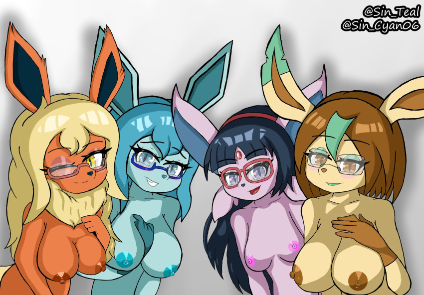 aelia_(sin_cyan06) anthro anthrofied big_breasts blue_body blue_eyes blush breasts canid canine digital_media_(artwork) eeveelution espeon eyewear female flareon fox fur generation_1_pokemon generation_2_pokemon generation_4_pokemon glaceon group hair hi_res ivanna_(sin_cyan06) leafeon looking_at_viewer mammal neelu_(sin_cyan06) nintendo nipples nude open_mouth pokémon_(species) pokemon pokemon_(species) pokemorph rubina_(sin_cyan06) simple_background sin_cyan06 sin_teal smile video_games