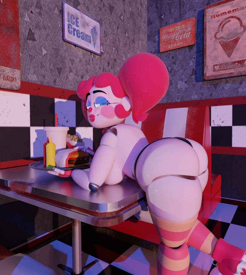 3d 3d_(artwork) ass ass_focus baby_(fnafsl) backboob bedroom_eyes bent_over bent_over_table big_ass big_thighs black_panties blue_eyes blush burger circus_baby circus_baby_(fnaf) clown clown_girl clown_makeup five_nights_at_freddy's five_nights_at_freddy's:_sister_location fries ketchup ketchup_bottle large_ass large_thighs looking_back mustard mustard_bottle orange_thighhighs peachrot pink_cheeks public red_hair red_lipstick red_thighhighs so87baby striped_legwear summer_of_87_baby white_body white_skin