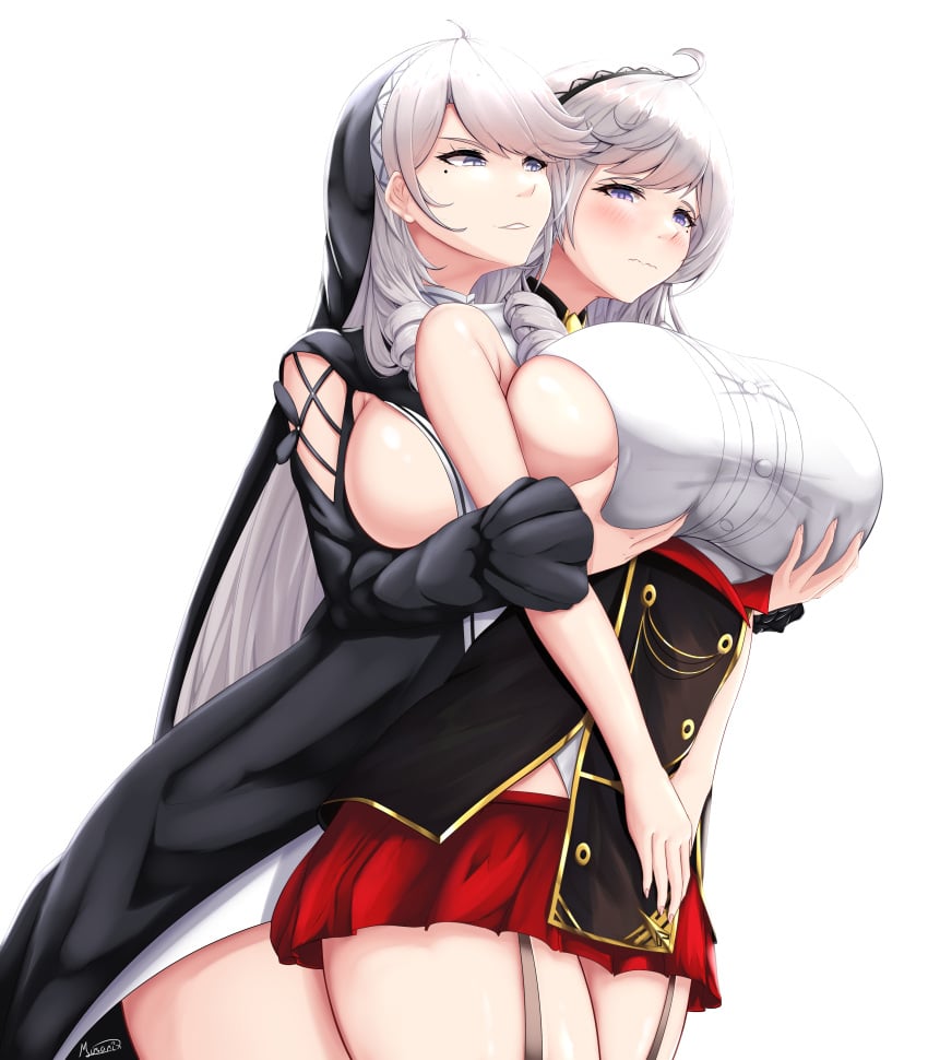 2girls absurdres ahoge algerie_(azur_lane) algerie_(meta)_(azur_lane) azur_lane blush breasts commentary commission english_commentary gold_trim grabbing grabbing_another's_breast grabbing_from_behind grey_hair highres huge_breasts light-skinned_female light_skin long_hair miniskirt mole mole_under_eye multiple_girls musanix purple_eyes red_skirt sideboob signature skirt very_long_hair vichya_dominion_(azur_lane) yuri