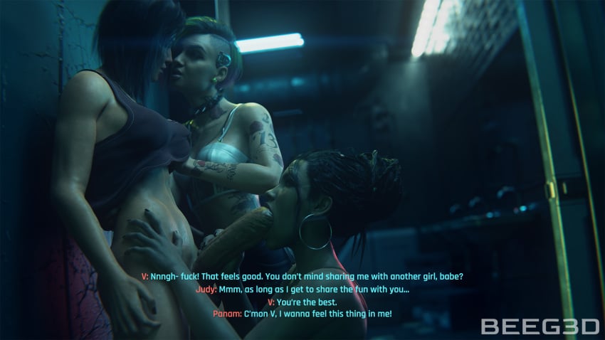 1futa 2girls 3d abs afro-native beeg3d blowjob brown_hair brown_skin cd_projekt_red choker clothed cyberpunk_2077 dark-skinned_female dialogue earings english_text female fit_female futa_on_female futanari green_hair groping groping_breasts huge_cock judy_alvarez light-skinned_female panam_palmer penis purple_hair self_upload tattoo tattoos text threesome v_(cyberpunk_2077) valerie_(cyberpunk_2077)