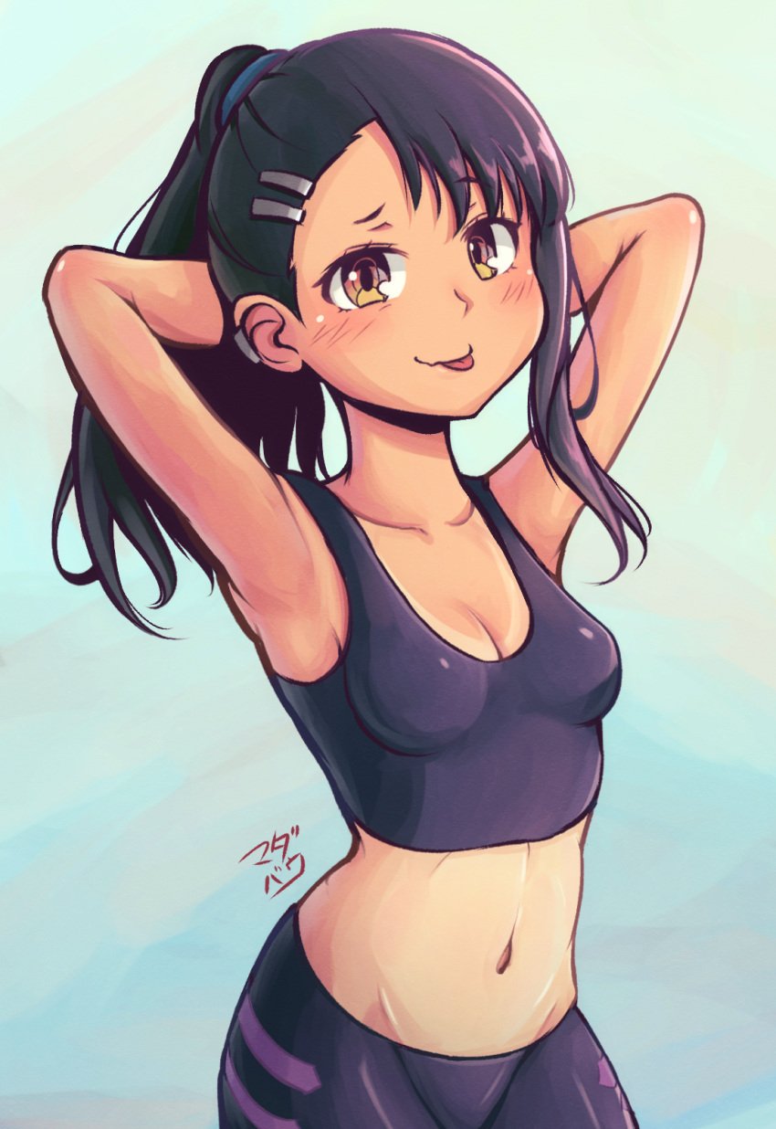 1girls black_hair blush breasts brown_eyes cleavage clothed clothing earrings female female_focus female_only hayase_nagatoro hi_res highres long_hair looking_at_viewer madabauillust navel please_don't_bully_me,_nagatoro ponytail revealing_clothes simple_background small_breasts solo tan tan-skinned_female tan_body tan_skin tanline tanned tanned_female tongue_out watermark