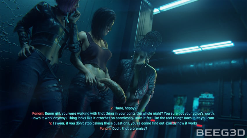 1futa 2girls 3d abs afro-native beeg3d brown_hair brown_skin cd_projekt_red choker clothed cyberpunk_2077 dark-skinned_female dialogue english_text female female_focus fit_female futanari green_hair huge_cock judy_alvarez light-skinned_female panam_palmer penis pulling_down_pants purple_hair revealing_penis self_upload tattoo tattoos text threesome v_(cyberpunk_2077) valerie_(cyberpunk_2077)