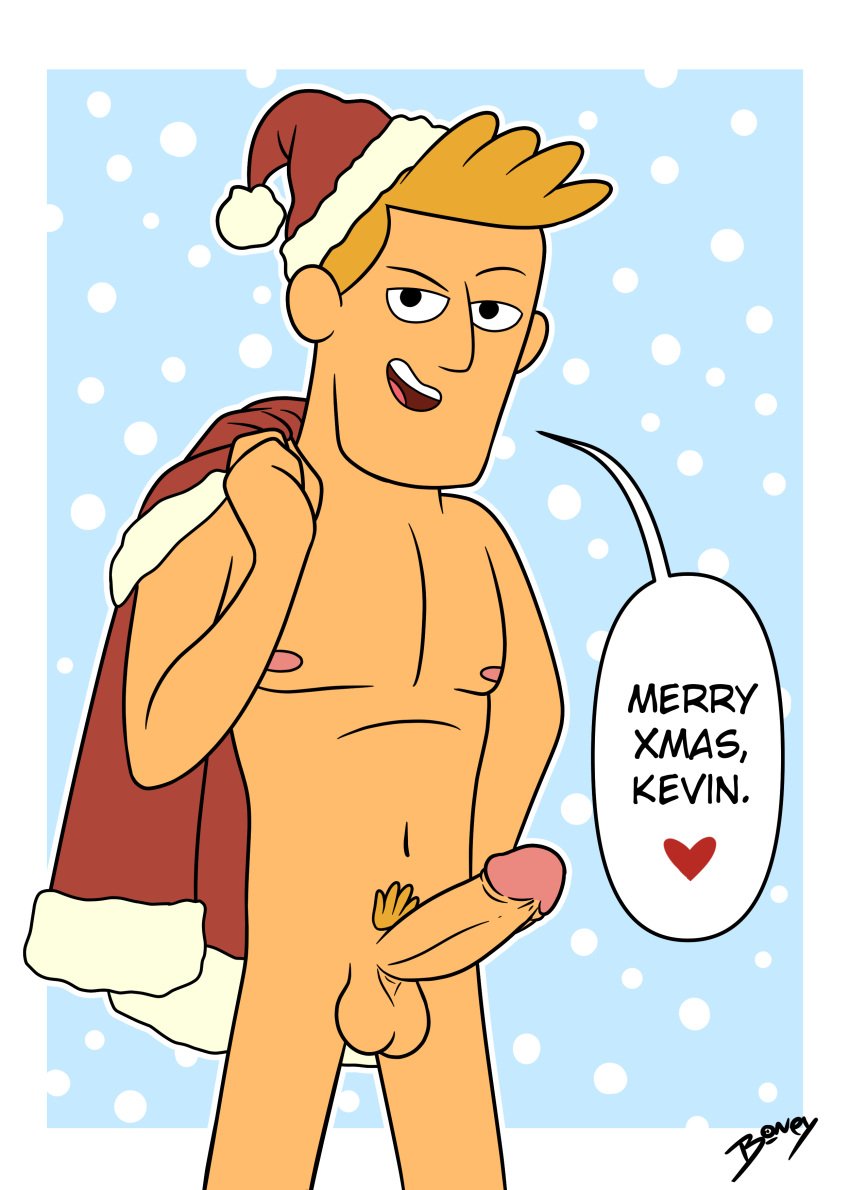 blonde_hair blue_background christmas clarence erection hat holding_coat kevin's_boyfriend kevin's_boyfriend_(clarence) looking_at_viewer male_only naked onlyboney posing smile toony white_background yaoi