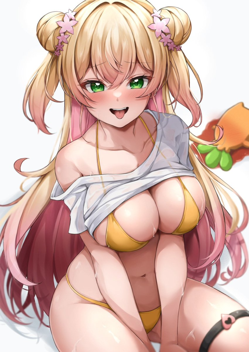 bikini carrot face_down full-face_blush hololive hololive_gen_5 hololive_japan huge_breasts momosuzu_nene naughty_face naughty_smile puddle shirt_up smile swimsuit takuty teeth thick_thighs thigh_strap tongue_out virtual_youtuber wet_skin white_shirt wide_hips