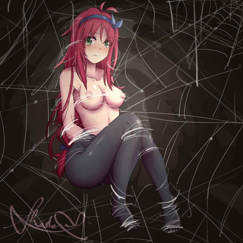 1girls blush bondage bound bow breasts exposed_breasts female female_only green_eyes looking_at_viewer nipples partially_clothed pink_hair restrained scared shadoupamine solo spider_web stylist_(terraria) tears terraria