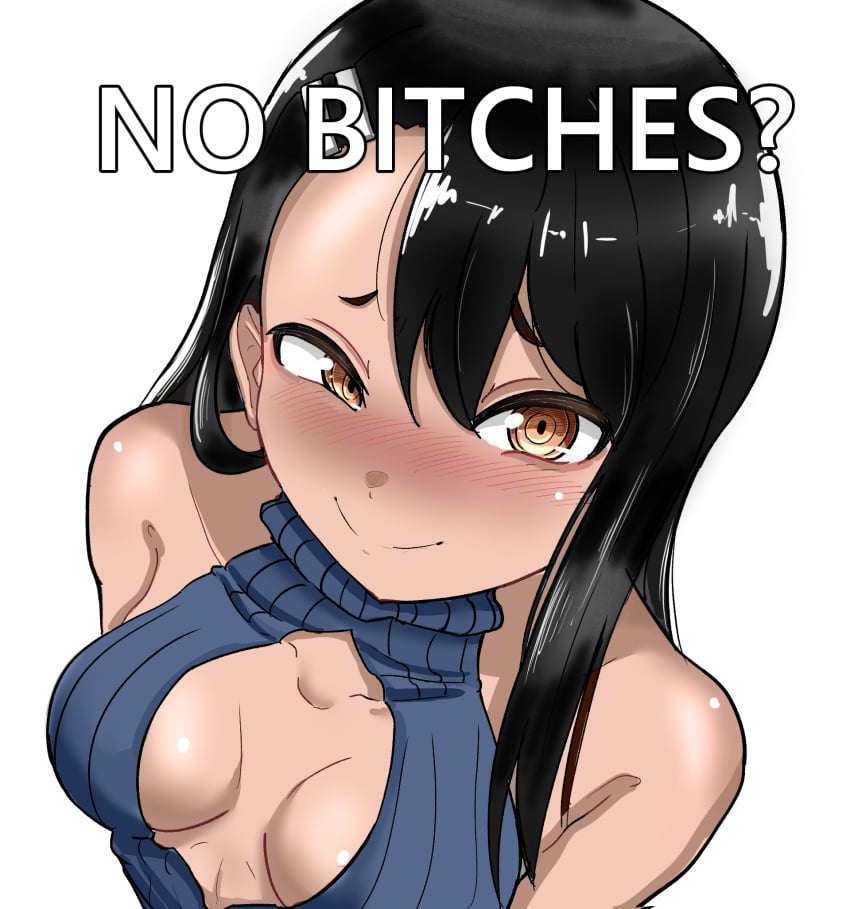 1girls black_hair blush breasts brown_eyes clothed clothing english_text female female_focus female_only hayase_nagatoro hi_res highres long_hair looking_at_viewer please_don't_bully_me,_nagatoro qoqo revealing_clothes simple_background small_breasts smile solo tan tan-skinned_female tan_body tan_skin tanned tanned_female text white_background