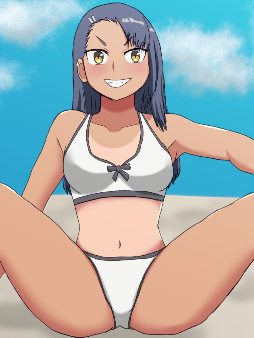 1girls beach bikini black_hair blush breasts brown_eyes clothed clothing earrings fangs female female_focus female_only gert_gem hayase_nagatoro hi_res highres long_hair looking_at_viewer navel please_don't_bully_me,_nagatoro pose revealing_clothes simple_background small_breasts solo spread_legs tan tan-skinned_female tan_body tan_skin tanline tanned tanned_female