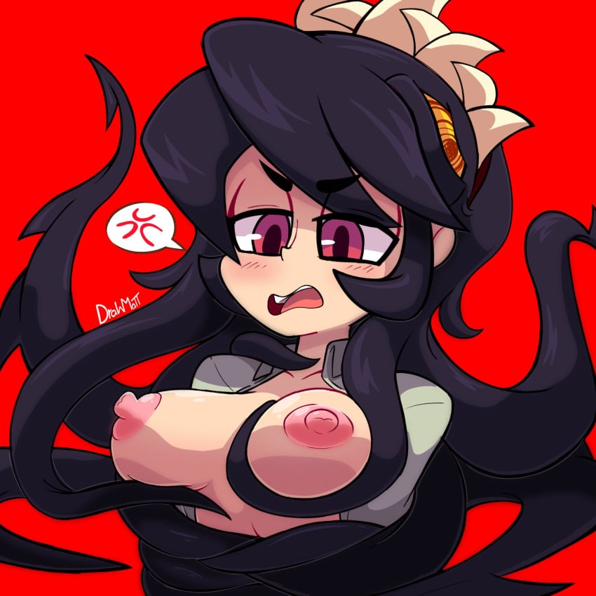 1girls annoyed annoyed_expression bound drawmatt female filia_(skullgirls) futakuchi-onna groping large_areolae large_nipples light-skinned_female light_skin red_eyes samson_(skullgirls) skullgirls tagme