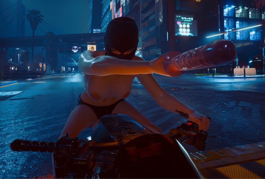 3d big_areola big_breasts big_nipples busty cyber_gato cyberpunk cyberpunk_2077 dildo gameplay gameplay_screenshot motorcycle screenshot sex_toy short_shorts shorts ski_mask toy v_(cyberpunk_2077) valerie_(cyberpunk_2077) vibrator video_games