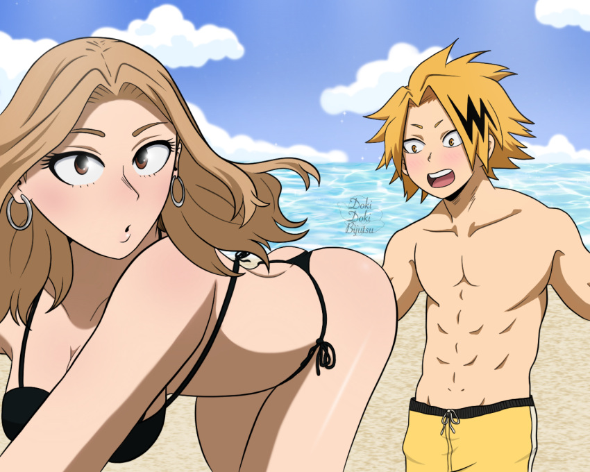 1boy 1girls beach bent_forward bent_over bikini blonde_hair boku_no_hero_academia camie_utsushimi chargebolt denki_kaminari doki_doki_bijutsu female leaning_forward looking_at_ass male my_hero_academia ocean seaside sky staring_at_ass summer thong water