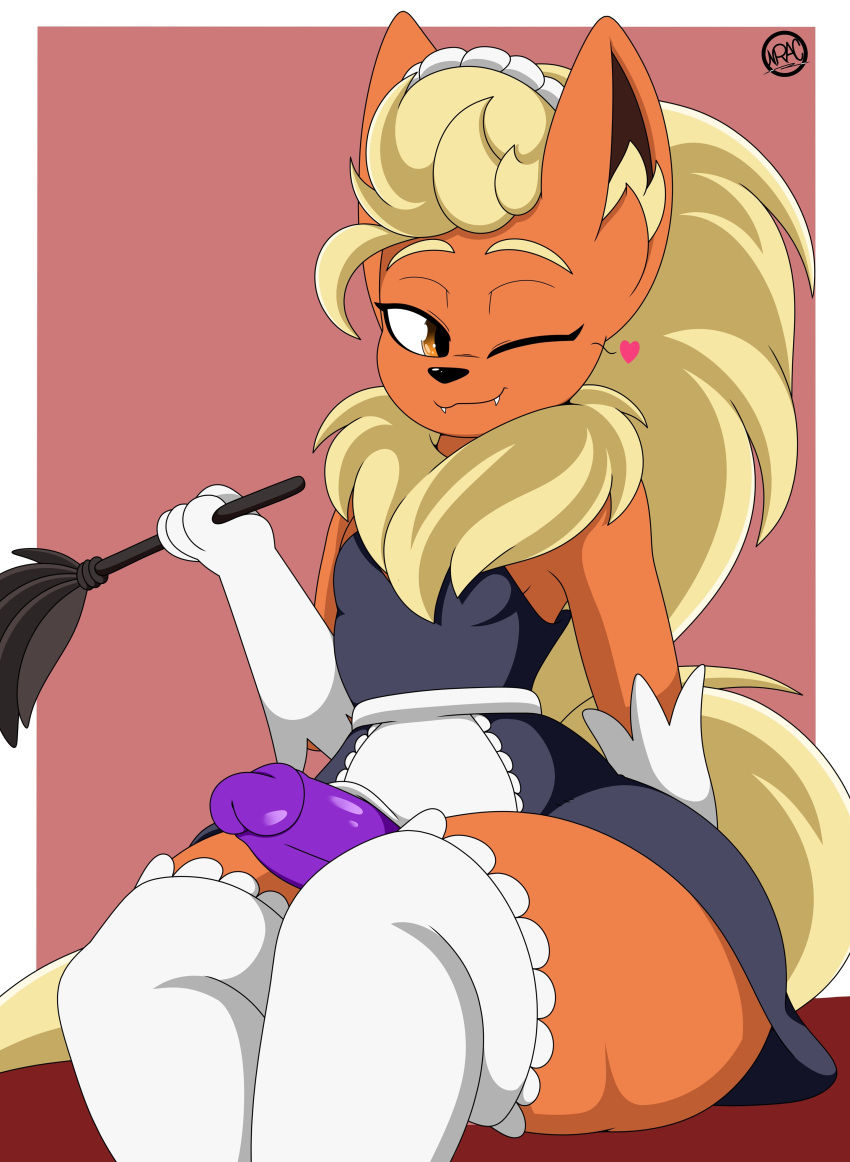 absurd_res anthro apron ass big_butt blonde_head_tuft blonde_mane bottomwear cleaning_tool clothing eeveelution erection feather_duster femboy flareon flarita flarito fluffy fluffy_tail fur generation_1_pokemon genitals girly hair headgear headwear heart hi_res huge_thighs humanoid_genitalia humanoid_penis legwear long_hair long_socks looking_at_viewer maid_apron maid_headdress maid_uniform male mane miniskirt neck_tuft nintendo nr_ac one_eye_closed orange_body orange_fur penis pokémon_(species) pokemon pokemon_(species) purple_penis rule_63 side_butt sitting skirt sleeveless solo stockings thick_thighs tuft uniform video_games wink yellow_tail