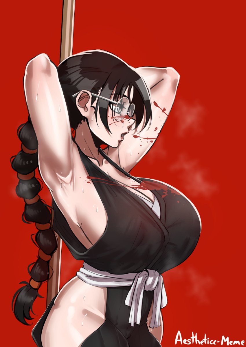 1girls aestheticc-meme alternate_version_available armpits big_breasts black_hair bleach bleach:_the_thousand-year_blood_war blood breasts clothed exposed_thighs female female_only fully_clothed glasses highres katori_batsu'unsai light_skinned_female long_hair mole mole_on_breast polearm solo sweat