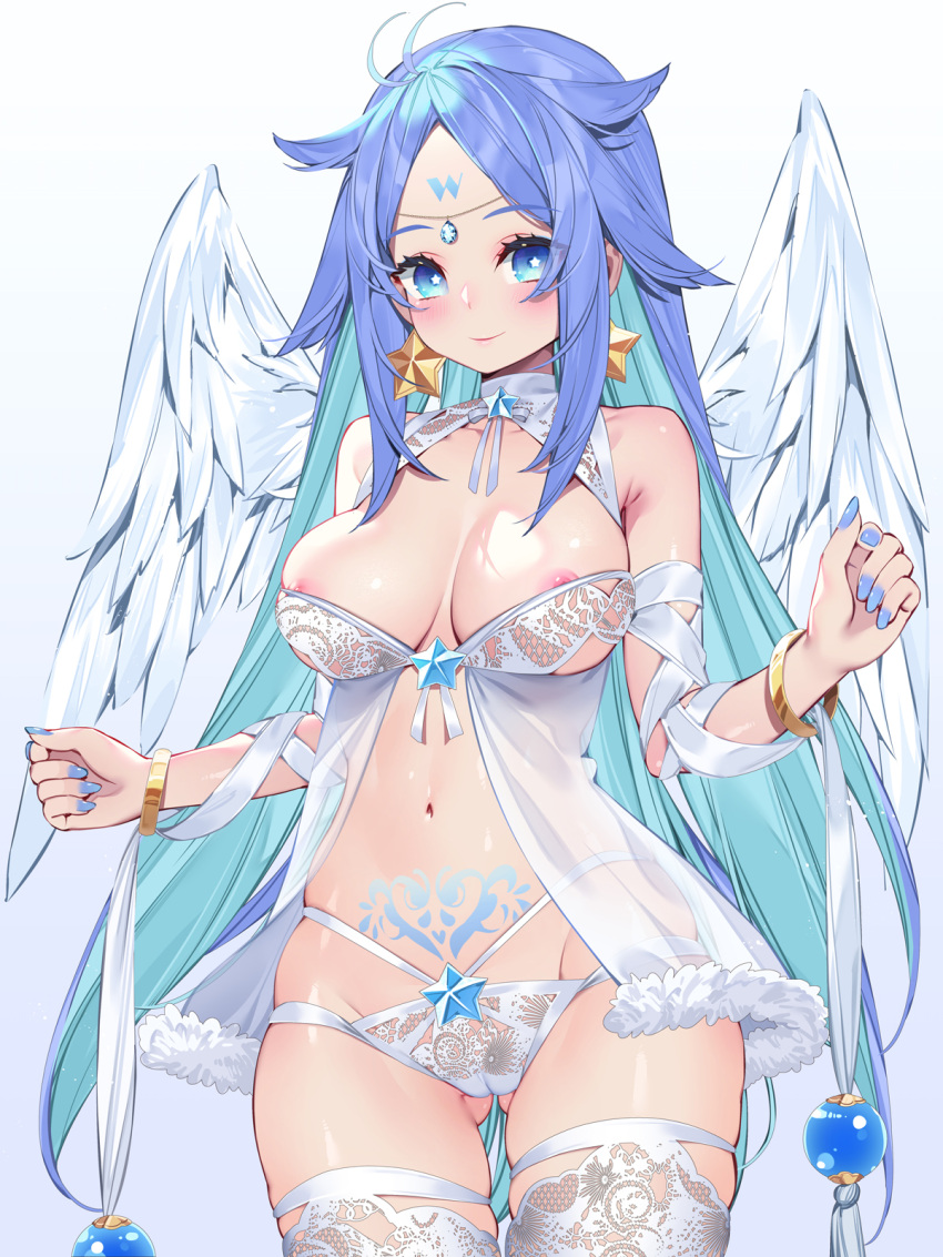 1girls angel_wings aqua_hair areola_slip areolae ass_visible_through_thighs big_breasts blue_eyes blue_hair blush bra bra_down bracelet breasts cameltoe cleavage closed_mouth colored_inner_hair earrings excited exposed_breasts forehead_jewel highres jewelry large_breasts legwear light-skinned_female light_skin looking_at_viewer multicolored_hair nail_polish nails nipples original original_character panties pubic_tattoo rinriko_(waterring) rinrinko_(waterring) seductive smile solo standing star-shaped_pupils star_(symbol) star_earrings star_eyes stockings symbol-shaped_pupils tattoo thick_thighs thighhighs thighs two-tone_hair waterring white_bra white_legwear white_panties white_stockings white_thighhighs white_wings wings