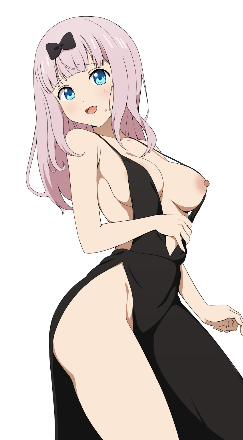 1girls accidental_exposure accurate_art_style aqua_eyes areolae barefoot big_breasts black_dress blue_eyes blush bowtie bowtie_on_head breasts breasts_out chest cleavage coro_fae dress embarrassed exposed_breasts female female_only fujiwara_chika hips kaguya-sama_wa_kokurasetai_~tensai-tachi_no_renai_zunousen~ legs light-skinned_female long_hair looking_at_viewer loose_dress nipple_slip nipples no_bra no_panties official_style one_breast_out open_mouth open_smile pelvic_curtain pink_hair smile solo standing sweatdrop thick_thighs thighs thin_arms wardrobe_malfunction white_background