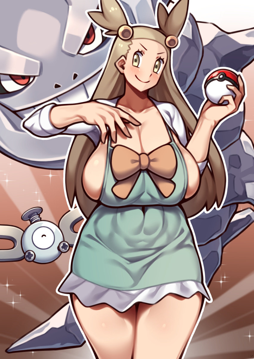 alternate_breast_size big_breasts blush bow brown_hair cardigan cleavage cleavage_overflow clothed coffeelove68 dress green_dress gym_leader hair_ornament happy hazel_eyes huge_breasts jasmine_(pokemon) large_breasts long_hair magnemite massive_breasts midriff milf pinup pokeball pokemon pokemon_gsc sideboob smile smiling_at_viewer steelix thick_thighs thighs venus_body wide_hips