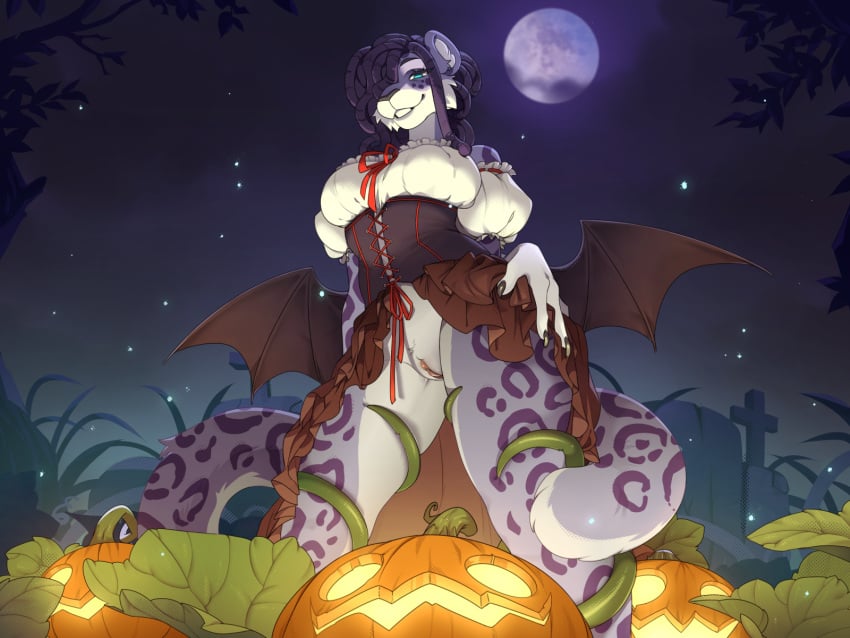 anthro bat_wings big_breasts breasts clothing corset costume domestic_cat dreadlocks felid feline felis female food fruit halloween hi_res holidays legend_of_ahya leopard lingerie looking_at_viewer mammal membrane_(anatomy) membranous_wings moon natalia_ruyemov_(darkflamewolf) night pantherine panties plant pumpkin snow_leopard solo spread_wings starscape topwear underwear vines wings zilya-lya