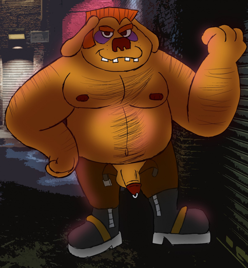 alley anthro boots bottomwear catdog_(series) cliff_feltbottom clothed clothing flashing footwear genital_piercing genitals hi_res looking_at_viewer male male_only navel nickelodeon nipples open_bottomwear open_clothing open_pants pants penis penis_piercing piercing prince_albert_piercing rvroovie99 solo topless