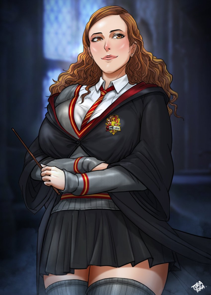 1girls alternate_body_type alternate_breast_size breasts brown_hair busty eyebrows eyelashes female female_only gryffindor gryffindor_symbol gryffindor_tie hair harry_potter hermione_granger hips hogwarts_robe hourglass_figure legs lips nose robe solo solo_female thick_legs thick_thighs thighs tora_tora voluptuous wand wide_hips witch_(harry_potter)