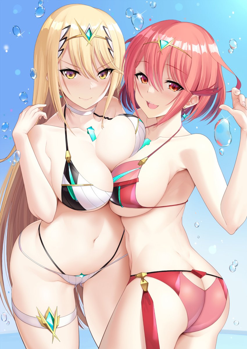 2girls ass bikini blonde_hair breasts cleavage core_crystal daive female gold_eyes huge_breasts large_ass light-skinned_female light_skin long_hair mythra nintendo pyra red_bikini red_eyes red_hair short_hair swept_bangs thick_thighs white_bikini wide_hips xenoblade_(series) xenoblade_chronicles_2