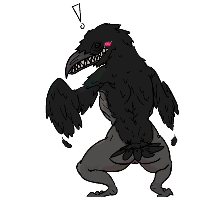 anthro avian bird bird_feet blush corvid corvus_(genus) crouching crow degeneroid elden_ring exclamation_point feathered_wings feathers female fromsoftware furry genitals oscine passerine pussy sharp_teeth simple_background skinny solo teeth thick_thighs video_games wings