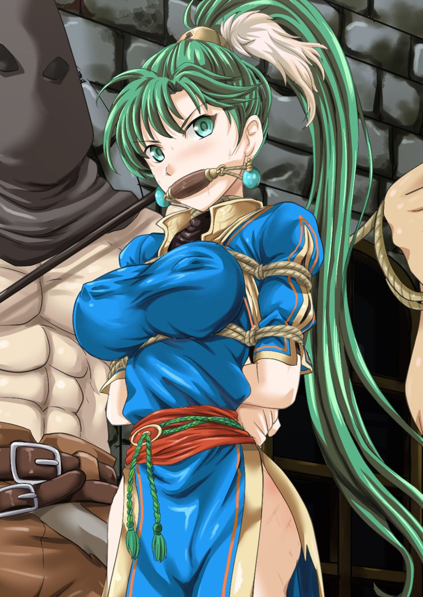 1girls 2boys angry arms_behind_back bare_thighs bondage bound breasts covered_nipples drooling earrings female femsub fire_emblem fire_emblem:_the_blazing_blade frown gag green_eyes green_hair large_breasts leash long_hair lyn_(fire_emblem) male maledom multiple_boys muscular nao_takami nintendo pelvic_curtain ponytail restrained rope saliva saliva_trail sweat thighs very_long_hair