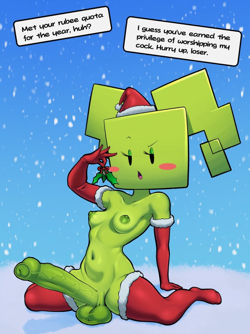 1futa 2023 areola areolae armwear balls ballsack big_balls breasts christmas dialogue elbow_gloves english_text erection foreskin full_body futa_only futanari gloves green_body green_skin huge_cock humanoid humanoid_penis intact kneeling legwear mario_(series) mimi_(super_paper_mario) mistletoe mostly_nude_futanari nipples paper_mario partially_retracted_foreskin penis santa_hat scrotum shaved_crotch sitting sleepiitreat smooth_balls solo stockings super_paper_mario testicles text thighhighs uncut vein veiny_penis wariza white_berries