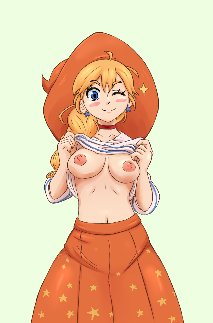 bakery big_breasts blue_eyes bogar breasts breasts_out clothed female female_only happy happy_female looking lunne_(the_witch's_bakery) navel orange_hair pov pov_eye_contact shirt_lift shirt_up simple_background smile solo the_witch's_bakery viewer witch witch_hat