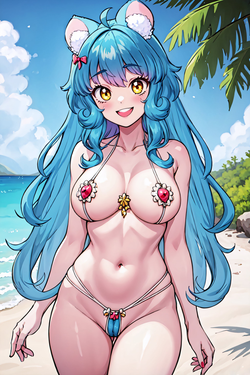 1girls ai_generated beach bikini chessivt juninholara21 mouse_girl owozu sky_blue_hair virtual_youtuber vtuber yellow_eyes