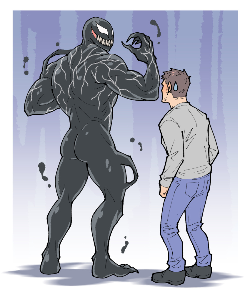 2021 2boys alien ass duo eddie_brock fully_clothed grey_body grey_butt grin highres human humanoid kalamariboy male male_only marvel monster nude pants sharp_teeth shirt shoes simple_background smile smooth_skin spider-man_(series) standing sweat sweatdrop symbiote teeth venom_(marvel)