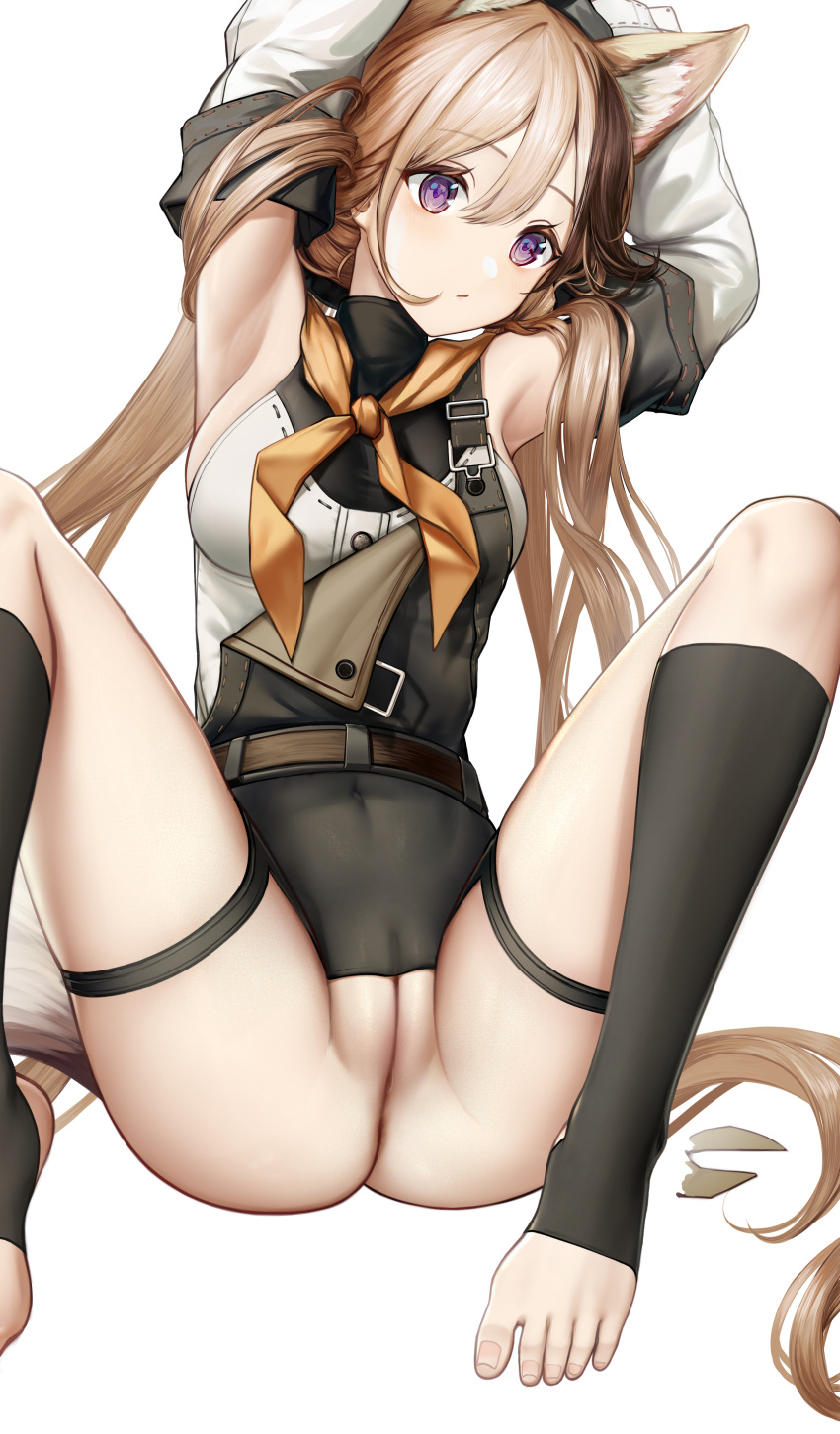 absurdres animal_ear_fluff animal_ears argyle argyle_legwear arknights armpits arms_up black_socks brown_hair cardigan_(arknights) cardigan_(sunny_day)_(arknights) detached_sleeves extra_ears feet female foot_out_of_frame hair_between_eyes highres kneehighs knees_up legs long_hair long_sleeves looking_at_viewer multicolored_hair no_shoes nopetroto purple_eyes pussy shirt simple_background sleeveless sleeveless_shirt socks solo spread_legs stirrup_legwear streaked_hair tail thigh_strap toeless_legwear toes uncensored variant_set very_long_hair white_background white_shirt white_sleeves